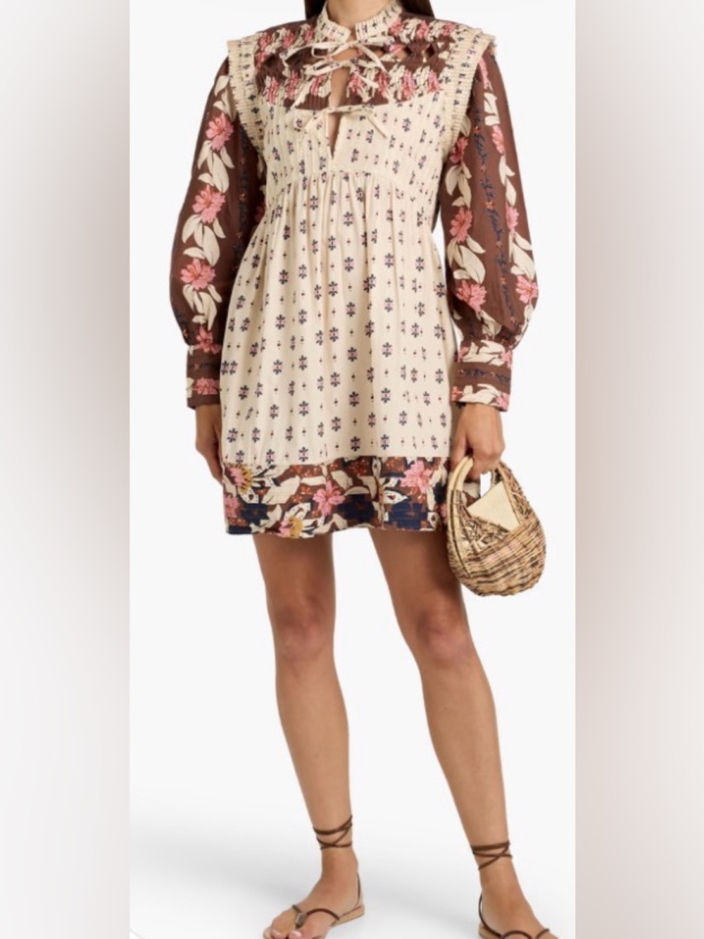 FARM RIO Pintucked printed cotton-voile Long-Sleeve Mini Dress: Medium - Picture 4 of 8
